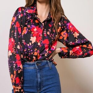 Hutch Kodie Satin Vibrant Floral Long Sleeve Button Down Blouse Top Size Small